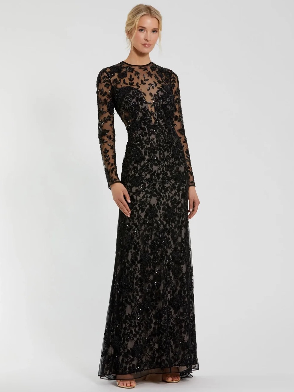 Mac Duggal 10821 Long Sleeve Floral Embellished Gown Size 10 NWT Black Nude